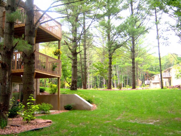 Nestled on the side of a wooded hill