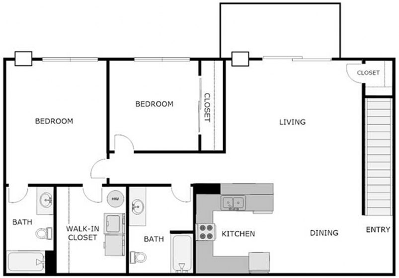 2-Bedroom / 2-Bath Floor Plan - Upper