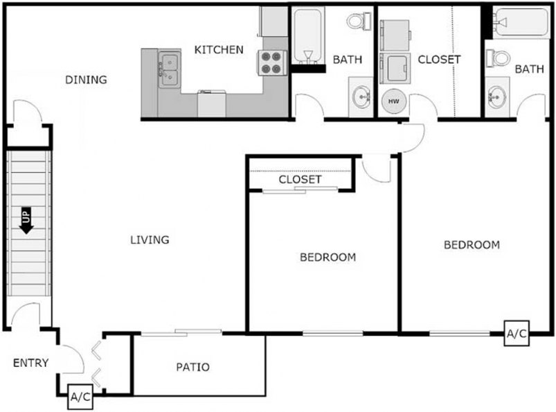 2-Bedroom / 2-Bathroom Lower Floor Plan 2-Bedroom / 2-Bathroom Lower Floor Plan
