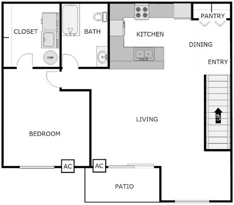 Floor Plan 918 SF 1-Bed/1-Bath + Den