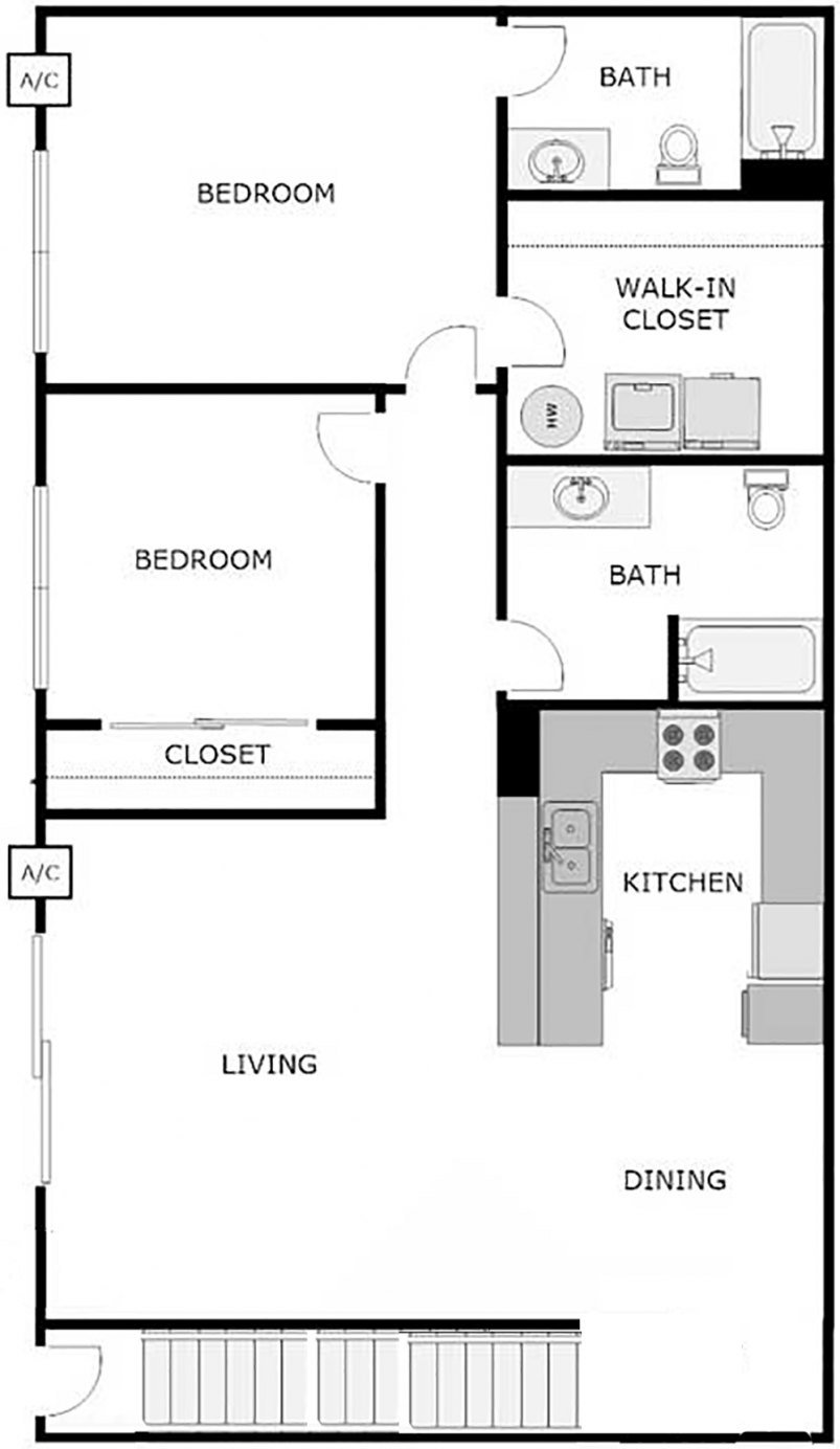 Floor Plan 1067 SF 2-Bed/2-Bath Upper